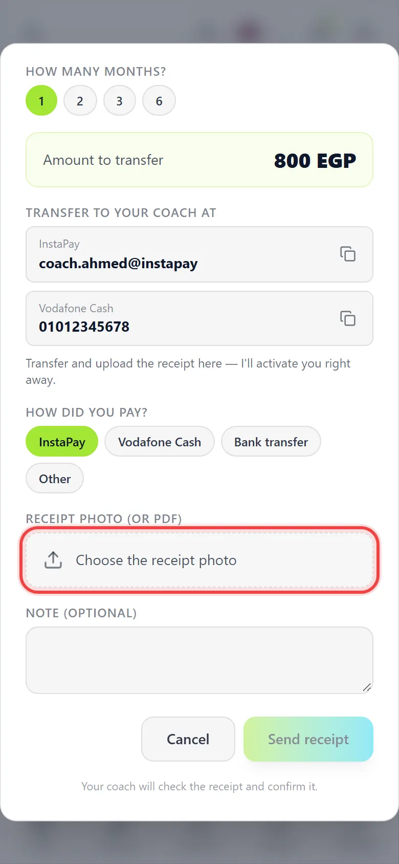 Transfer and upload the receipt