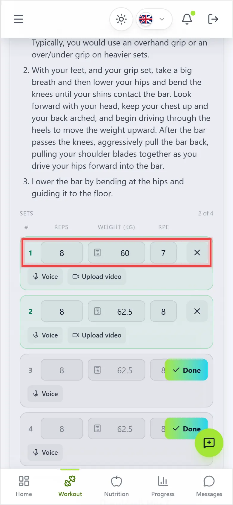 Open an exercise and log your sets